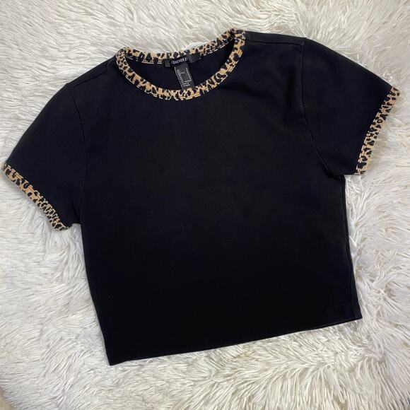 FOREVER 21 • Black + Cheetah Leopard Animal Print Cropped Crop Short Sleeve Tee - Picture 2 of 4